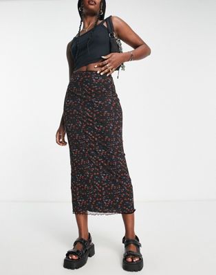 Topshop ditsy print mesh midi skirt in black
