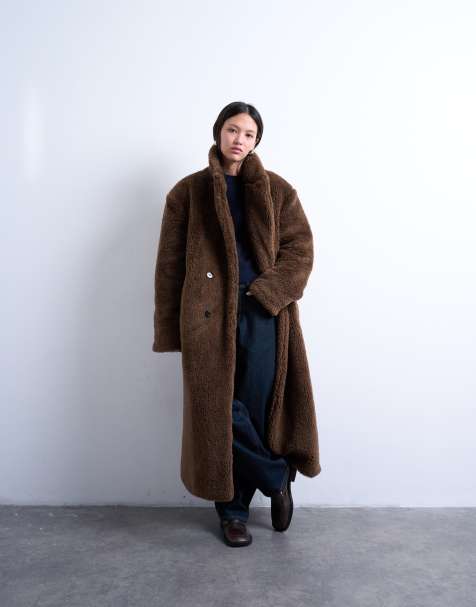 Topshop - Dobbeltradet lang brun frakke med logo i imiteret lammeskind - view 1