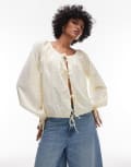 [Topshop] Topshop dobby ruched neck tie front top in buttermilk-Neutral 6 Buttermilk