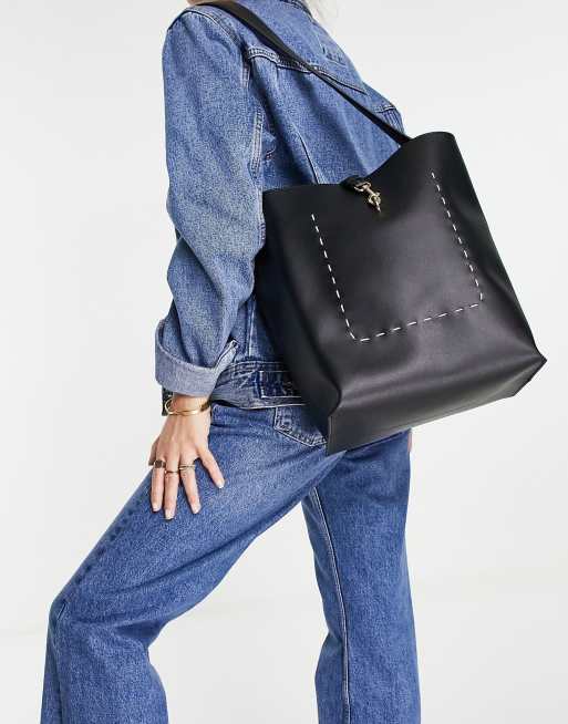 Topshop dogclip fastening PU slouch shoulder bag in black, 4 of 4