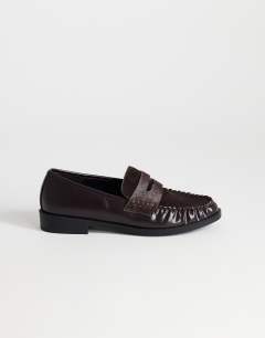 Model wearing Dominic ruched loafer in chocolate hair on real leather