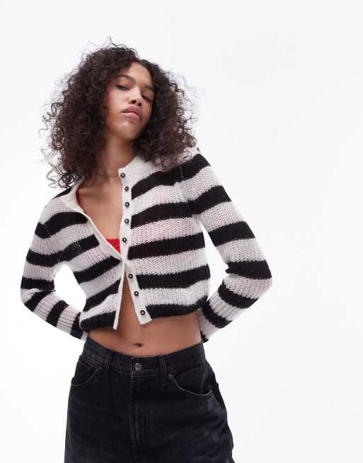 Topshop - Doorschijnend gebreid gestreept micro vestje in zwart en wit