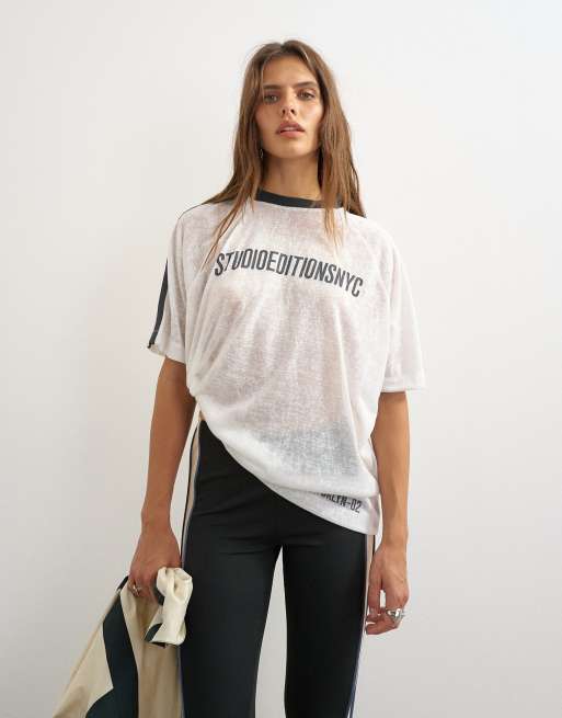 Topshop doorschijnend slub graphic T-shirt in ecru, 3 van 4