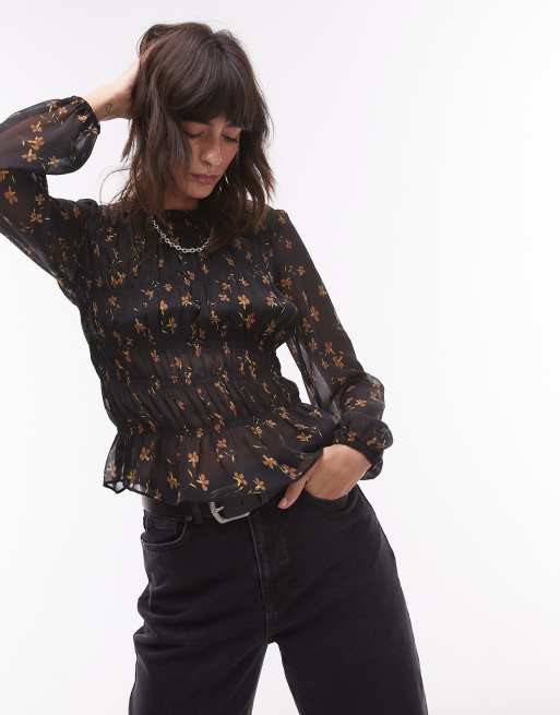 Topshop - Doorschijnende asymmetrische aangerimpelde top met fijne print in zwart