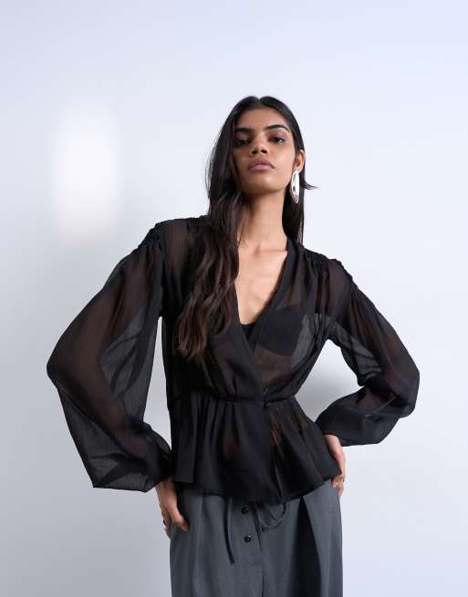 Topshop - Doorschijnende blouse van chiffon met lange mouwen en paneel in zwart