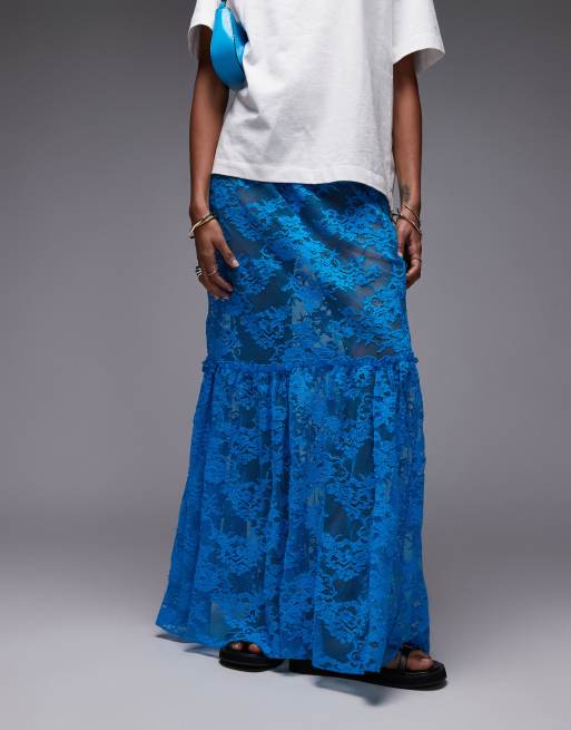 Topshop - Doorschijnende kanten maxirok in blauw, 3 van 5