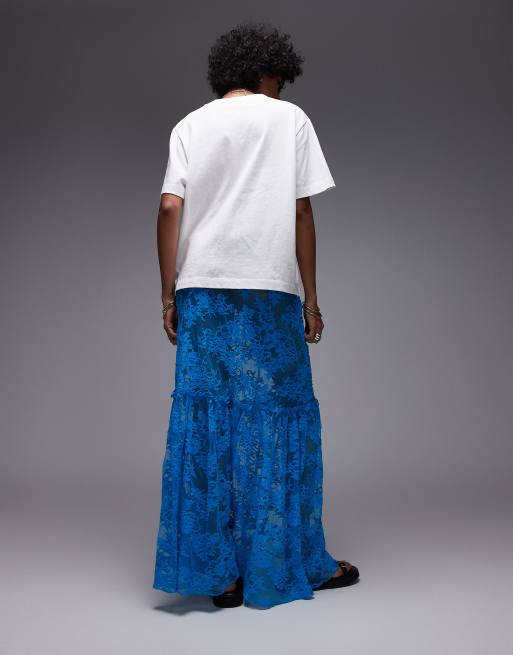 Topshop - Doorschijnende kanten maxirok in blauw, 4 van 5