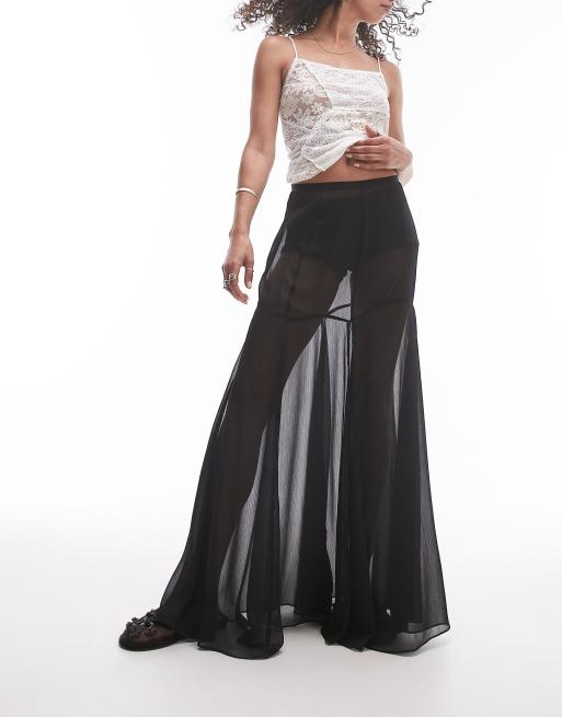 Topshop - Doorschijnende maxi rok met godet-plooien in zwart