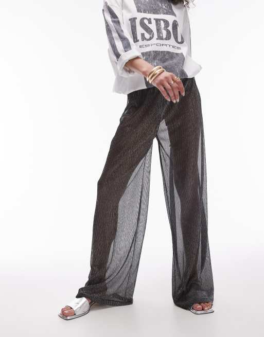 Topshop - Doorschijnende metallic broek met wijde pijpen in zwart