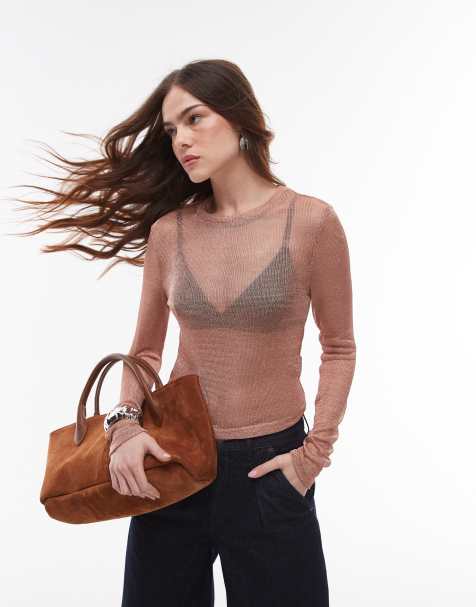 Topshop - Doorschijnende metallic top met lange mouwen in roségoud - view 1