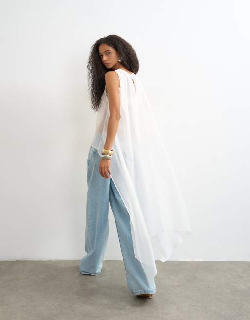 Topshop doorschijnende organza tuniektop in wit, 2 van 4
