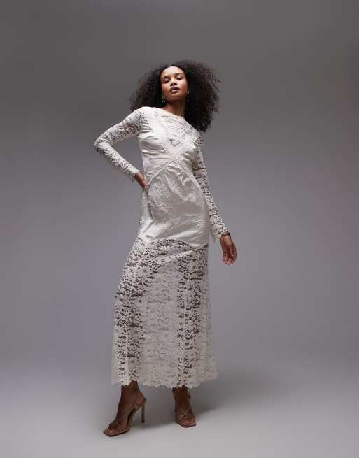 Topshop - Doorschijnende satijnen maxi jurk met kant en lange mouwen in ivoor