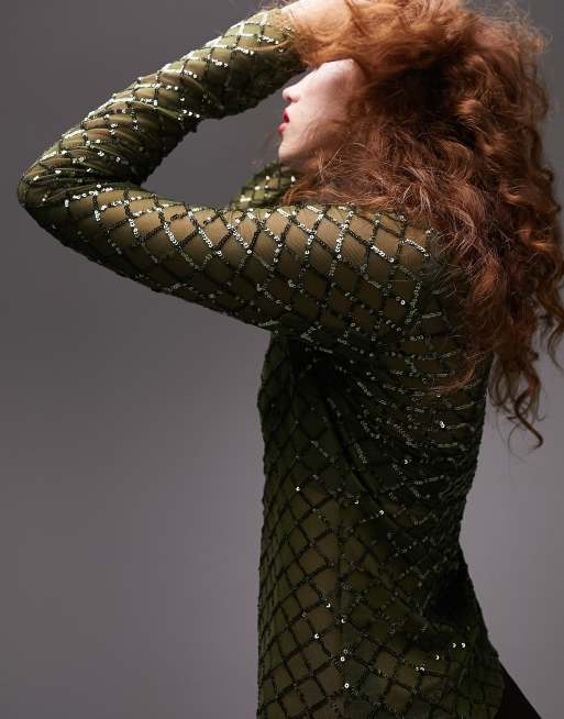 Topshop - Doorschijnende top met lange mouwen en lovertjes in diamantpatroon in groen
