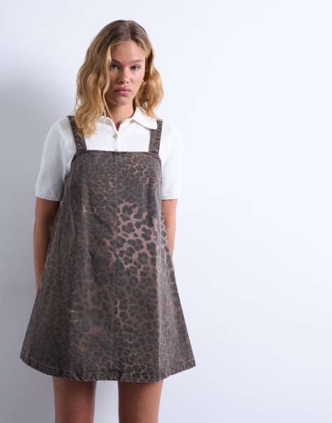 Topshop denim tailored pinafore dress in leopard print