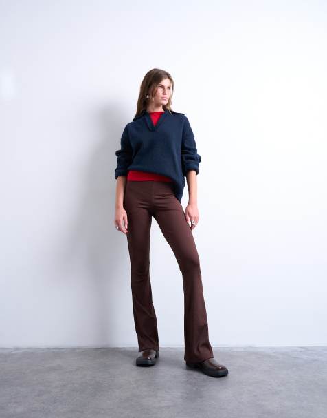 Topshop skinny rib flared trouser in chocolate brown