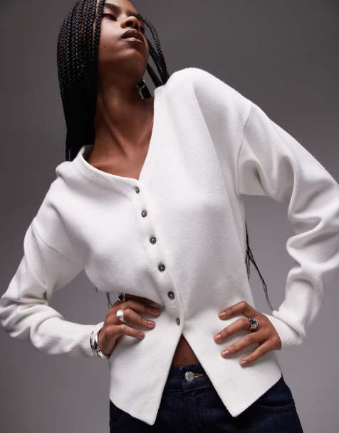 Topshop knitted v-neck compact fitted waist longline cardi in ivory
