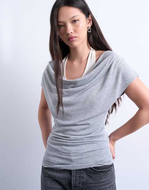 Topshop – Doppellagiges Oberteil in Grau meliert mit Wasserfallausschnitt - view 1