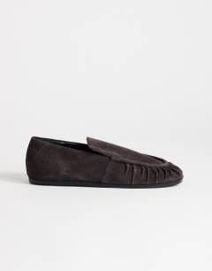 Model wearing Dora real suede ruched loafer in chocolate