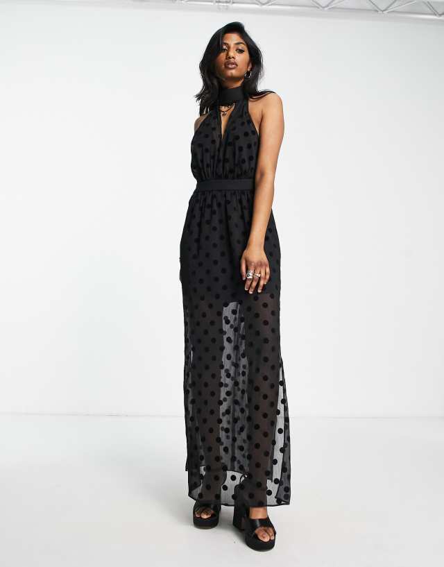 Topshop dot mesh maxi dress in black