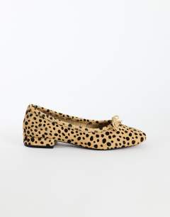 Model wearing Dottie real leather block heel ballet shoe in caramel deer print hair on real leather
