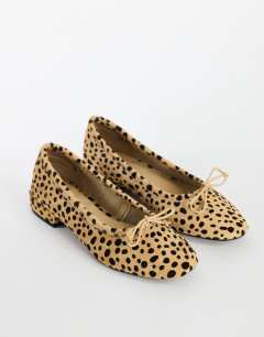 Model wearing Dottie real leather block heel ballet shoe in caramel deer print hair on real leather