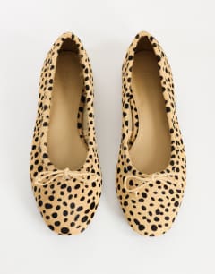 Model wearing Dottie real leather block heel ballet shoe in caramel deer print hair on real leather
