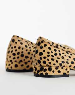 Model wearing Dottie real leather block heel ballet shoe in caramel deer print hair on real leather