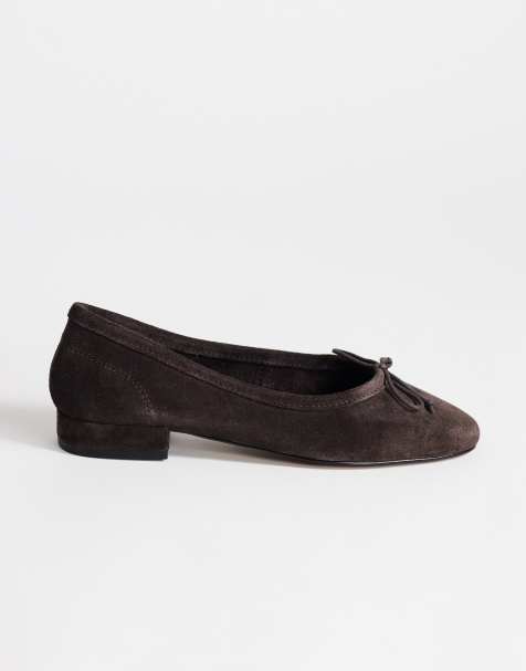Topshop Dottie real suede block heel ballet shoes in chocolate - view 1