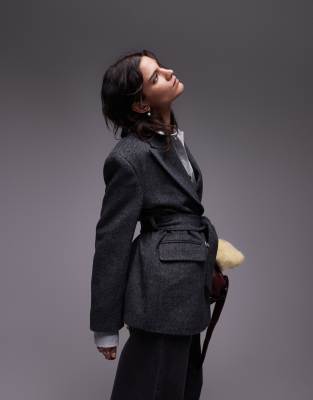 Topshop Double Breasted Belted Twill Blazer In Charcoal-gray