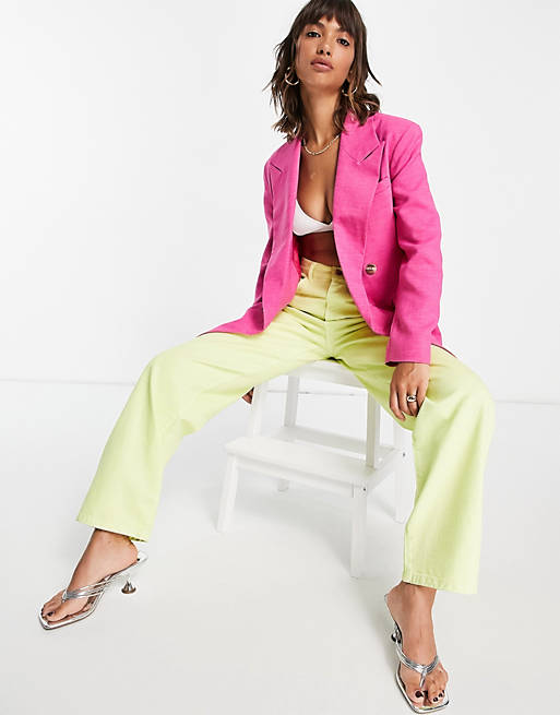 Topshop double breasted bold shoulder blazer in bright pink