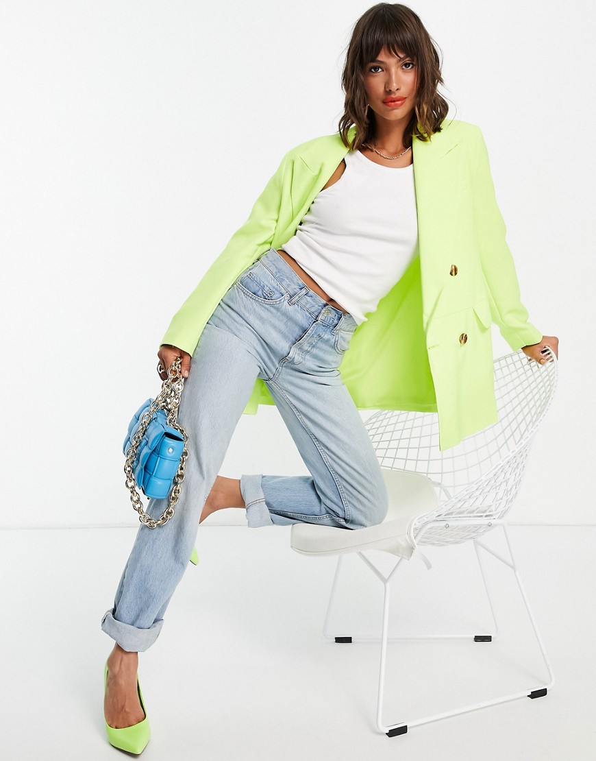 Topshop double breasted bold shoulder blazer in neon yellow
