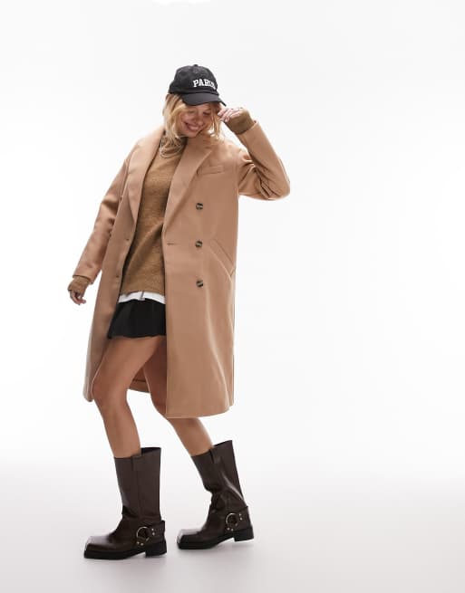 Topshop double breasted coat in camel