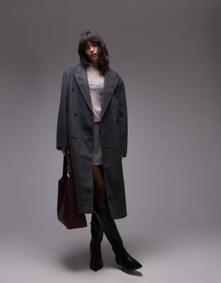 Topshop Double Breasted Coat In Charcoal-gray