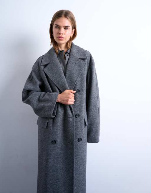 Topshop - Double breasted effen jas met lange pasvorm in antraciet, 3 van 4