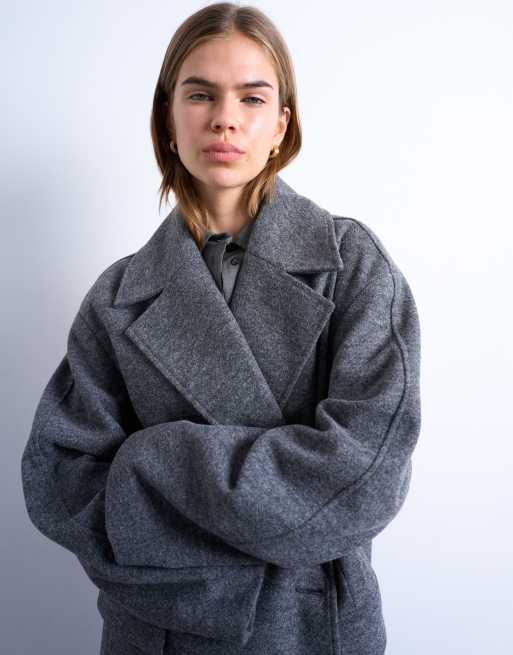 Topshop - Double breasted effen jas met lange pasvorm in antraciet, 4 van 4