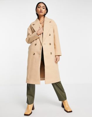 Topshop double breasted long coat in camel