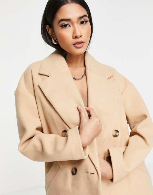 Topshop double breasted long coat in camel