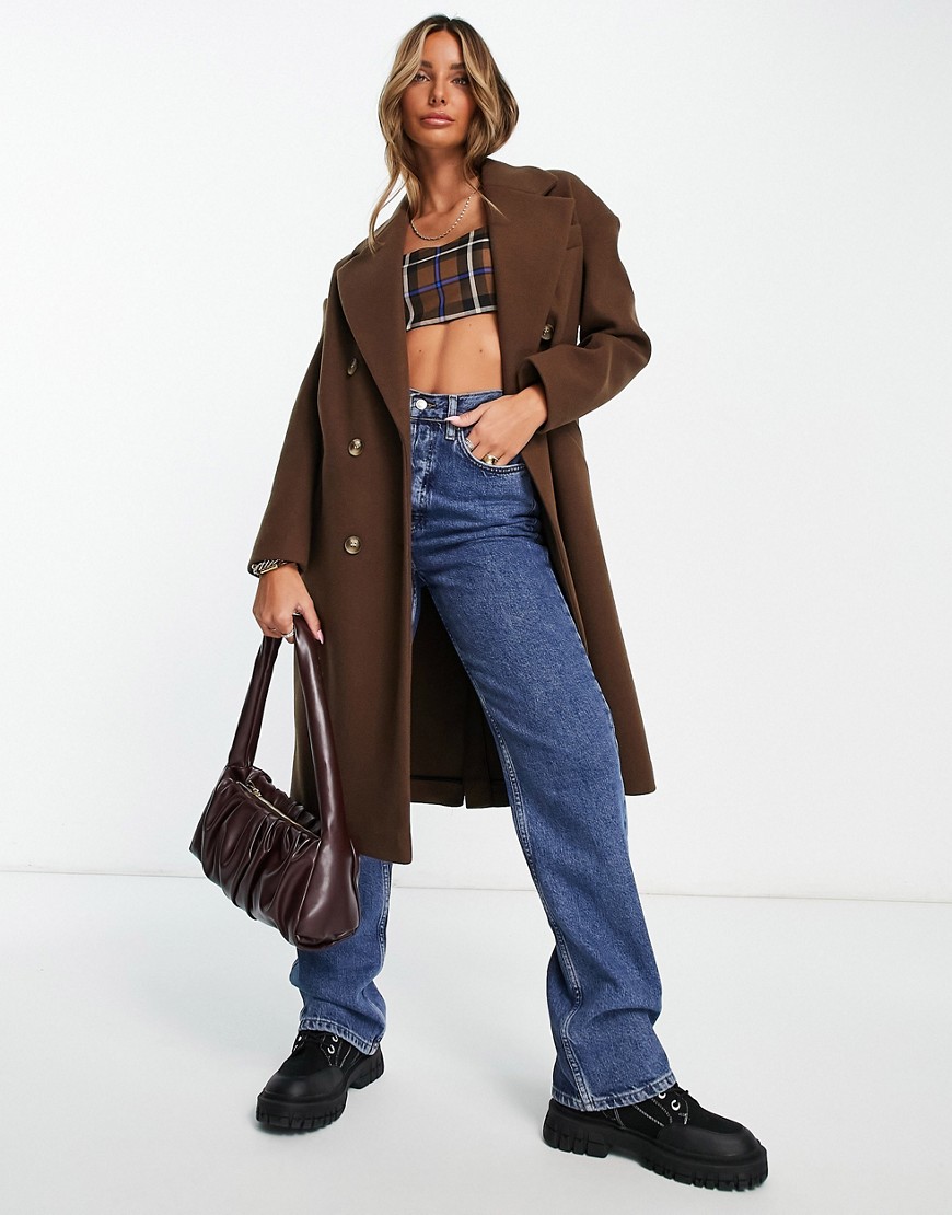 Topshop double breasted long coat in chocolate-Brown