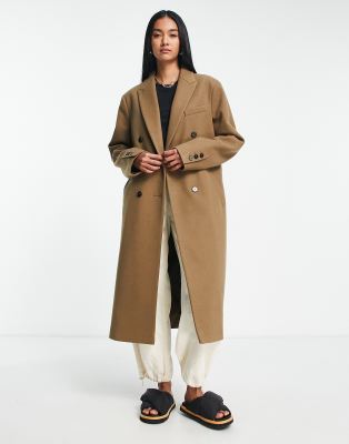 Topshop double breasted long coat in dark camel