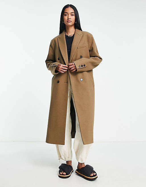 Topshop double breasted long coat in dark camel