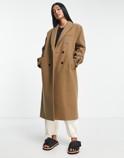 Topshop double breasted long coat in dark camel | ASOS