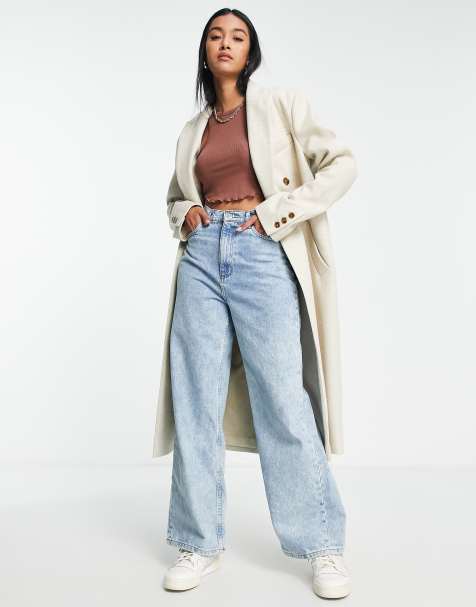 Topshop double breasted long coat in oat - view 1