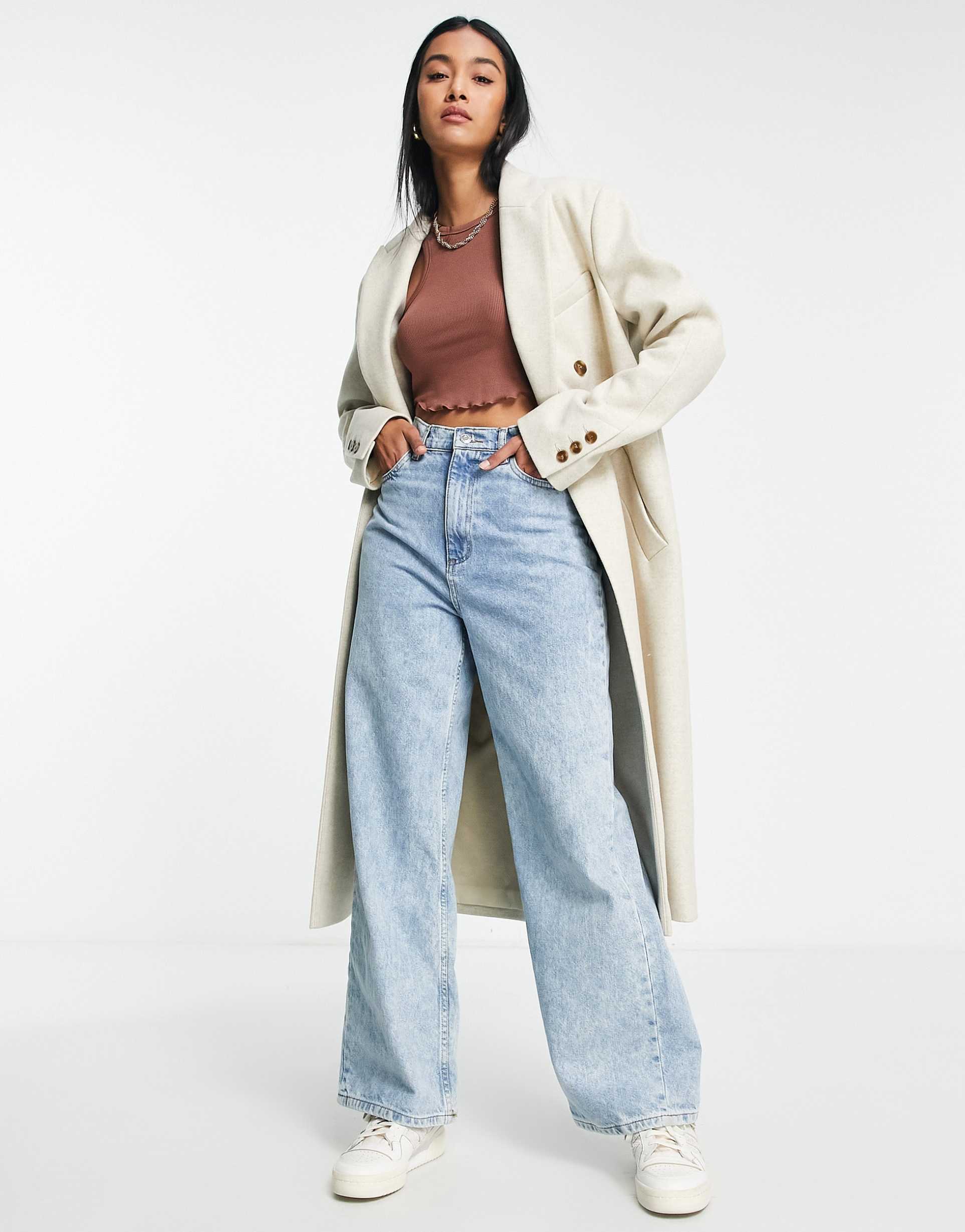 topshop double breasted long coat in oat