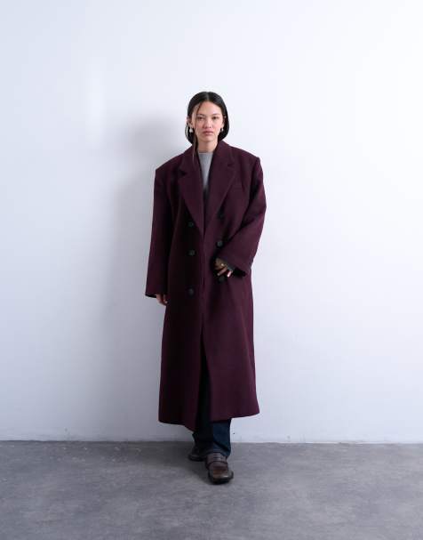Topshop double breasted mensy overcoat with wool in aubergine - view 1