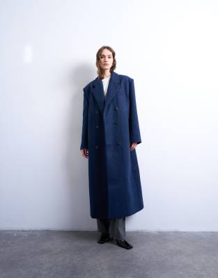 Topshop Double Breasted Mensy Overcoat With Wool In Blue