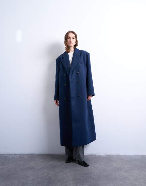 Topshop double breasted mensy overcoat with wool in navy - view 1