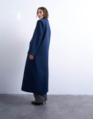 Topshop Double Breasted Mensy Overcoat With Wool In Blue
