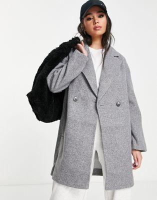 Topshop double breasted short coat in grey marl - ASOS Price Checker