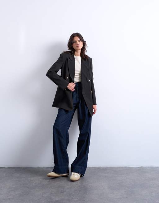 Topshop double breasted subtle pinstripe oversized blazer in dark chocolate (part of a set), 2 of 4