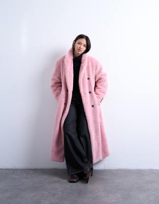 Topshop Double Breasted Teddy Longline Coat In Pink